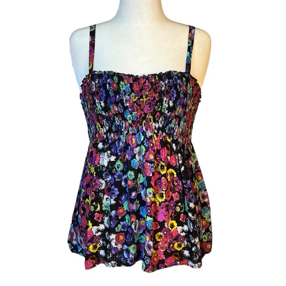 torrid Tops - Torrid Sleeveless Baby Doll Floral Top 1X Pinks Yellow Black Smocked Bodice 120